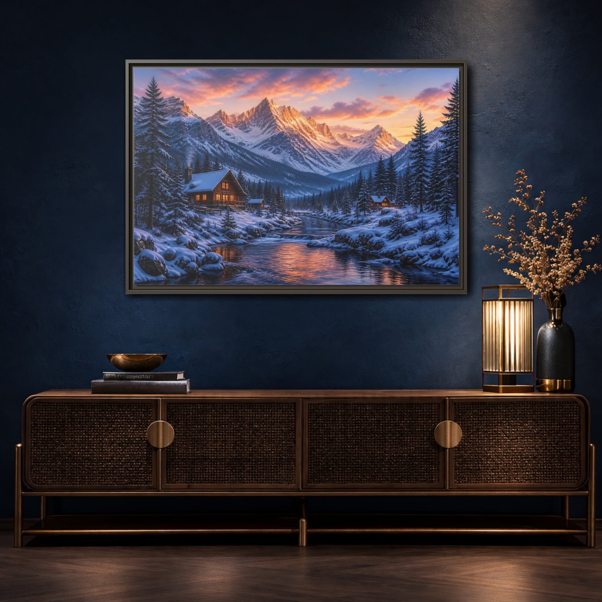 Mockup 4. Sunset Mountain Cabin Retreat shown as framed canvas print