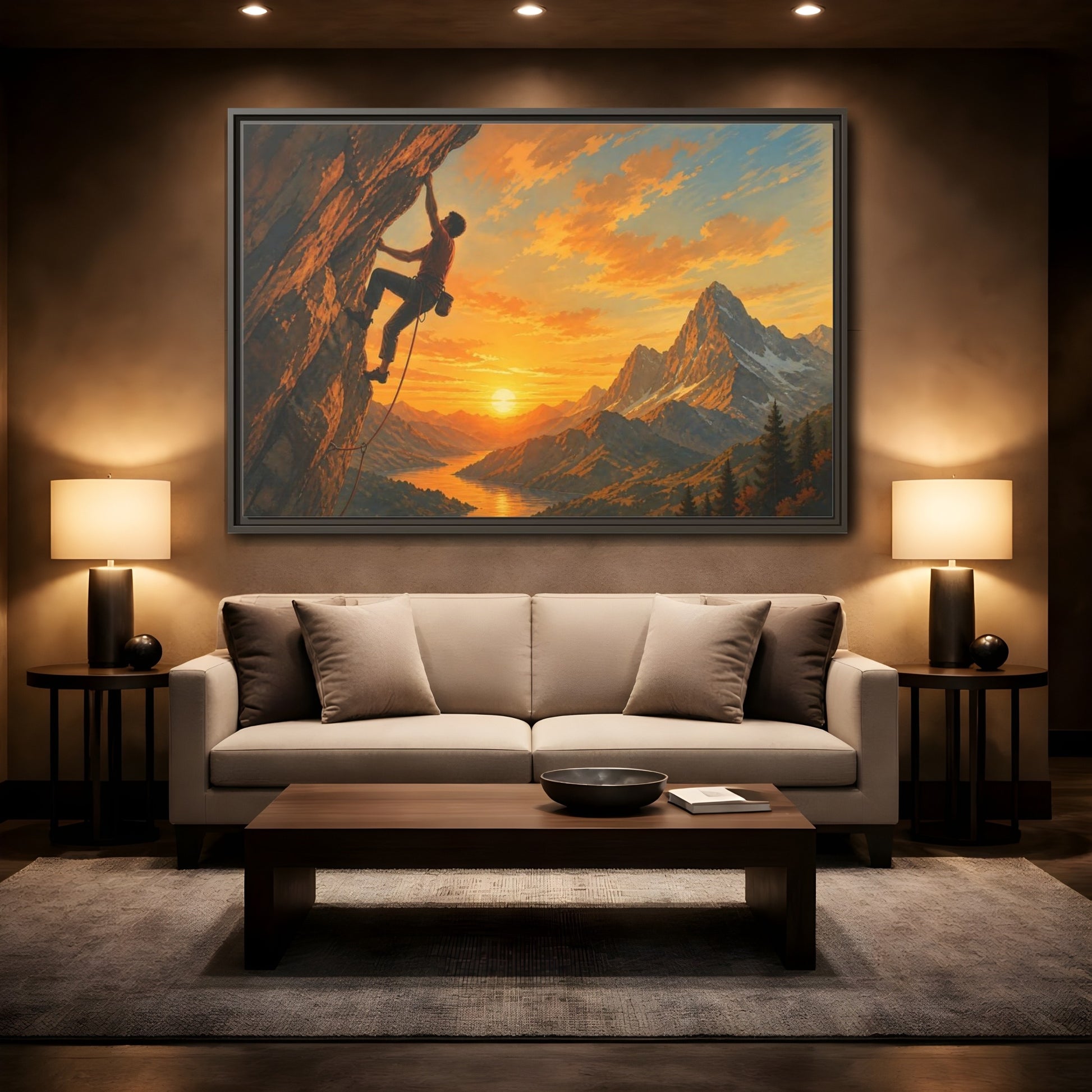 Mockup 2. Sunset Mountain Climb shown as framed canvas print