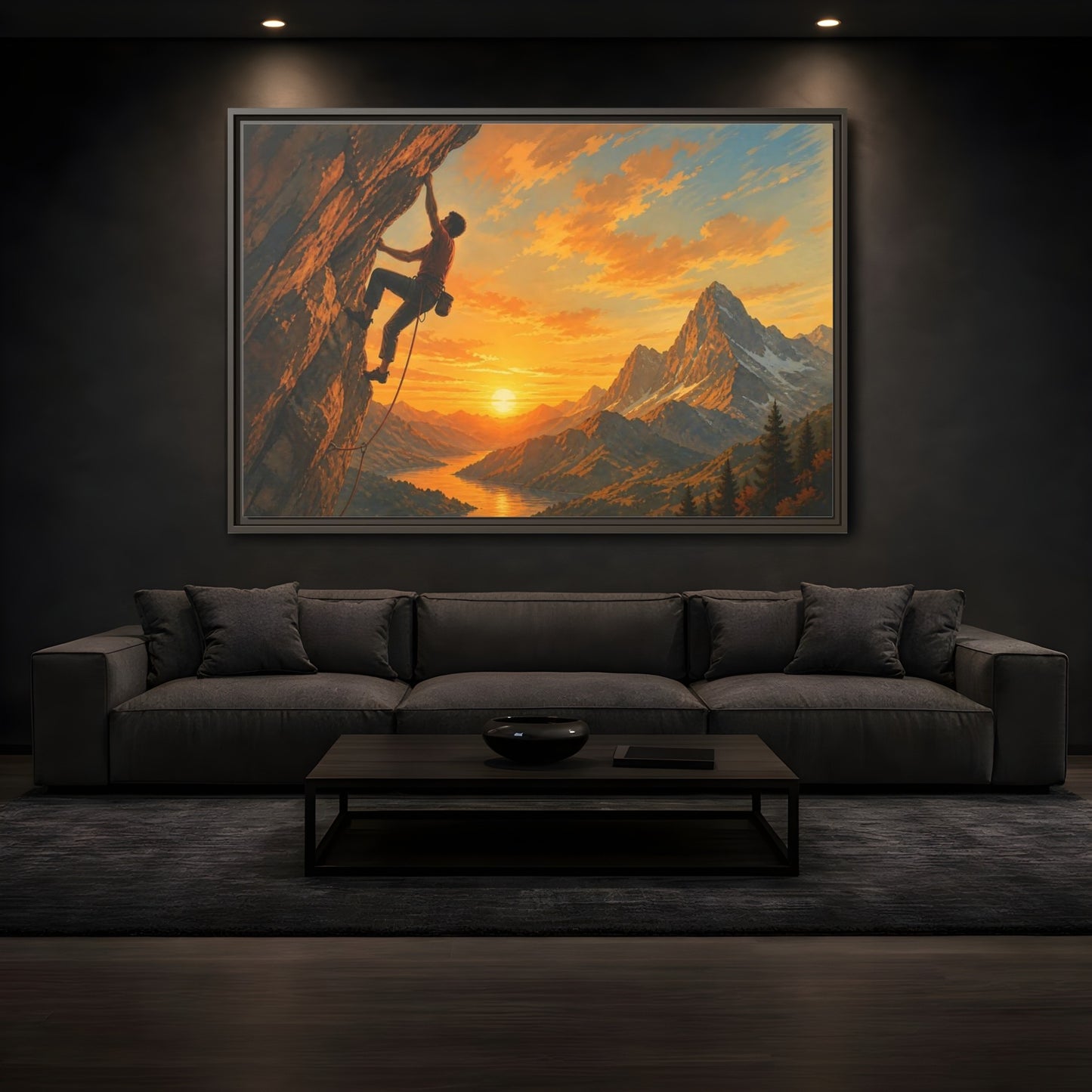 Mockup 3. Sunset Mountain Climb shown as framed canvas print