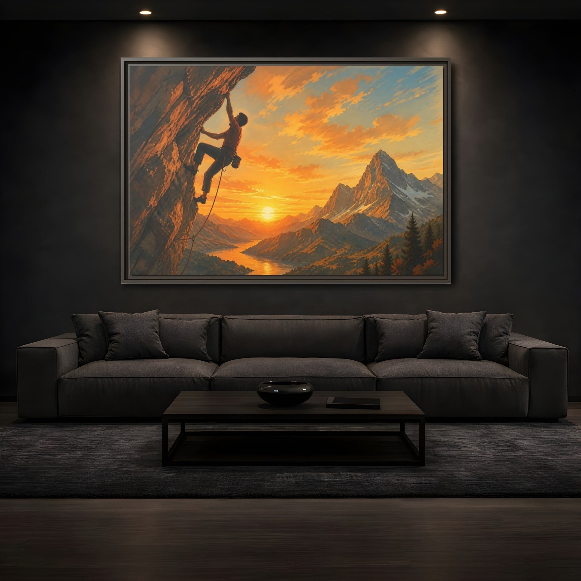 Mockup 3. Sunset Mountain Climb shown as framed canvas print