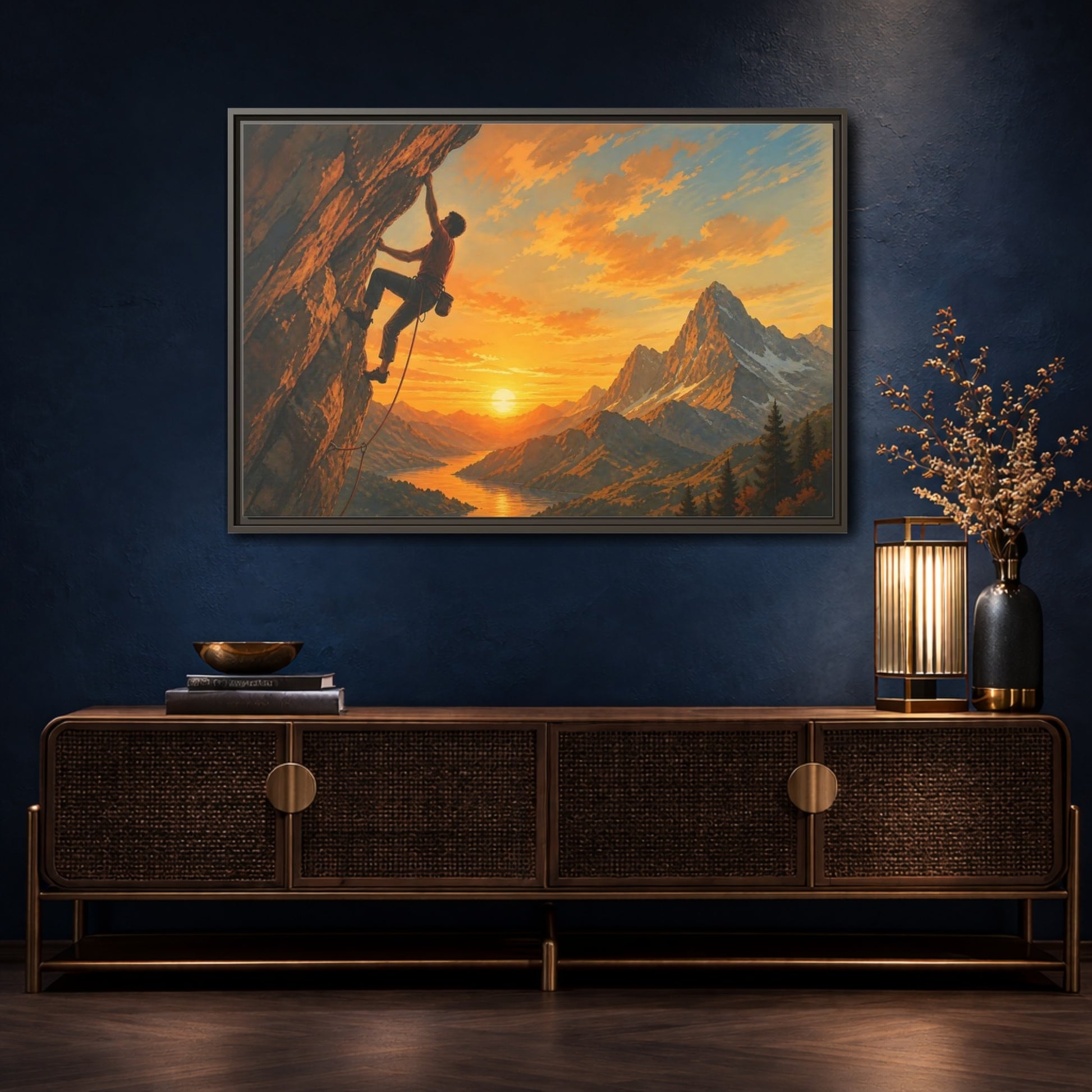 Mockup 4. Sunset Mountain Climb shown as framed canvas print