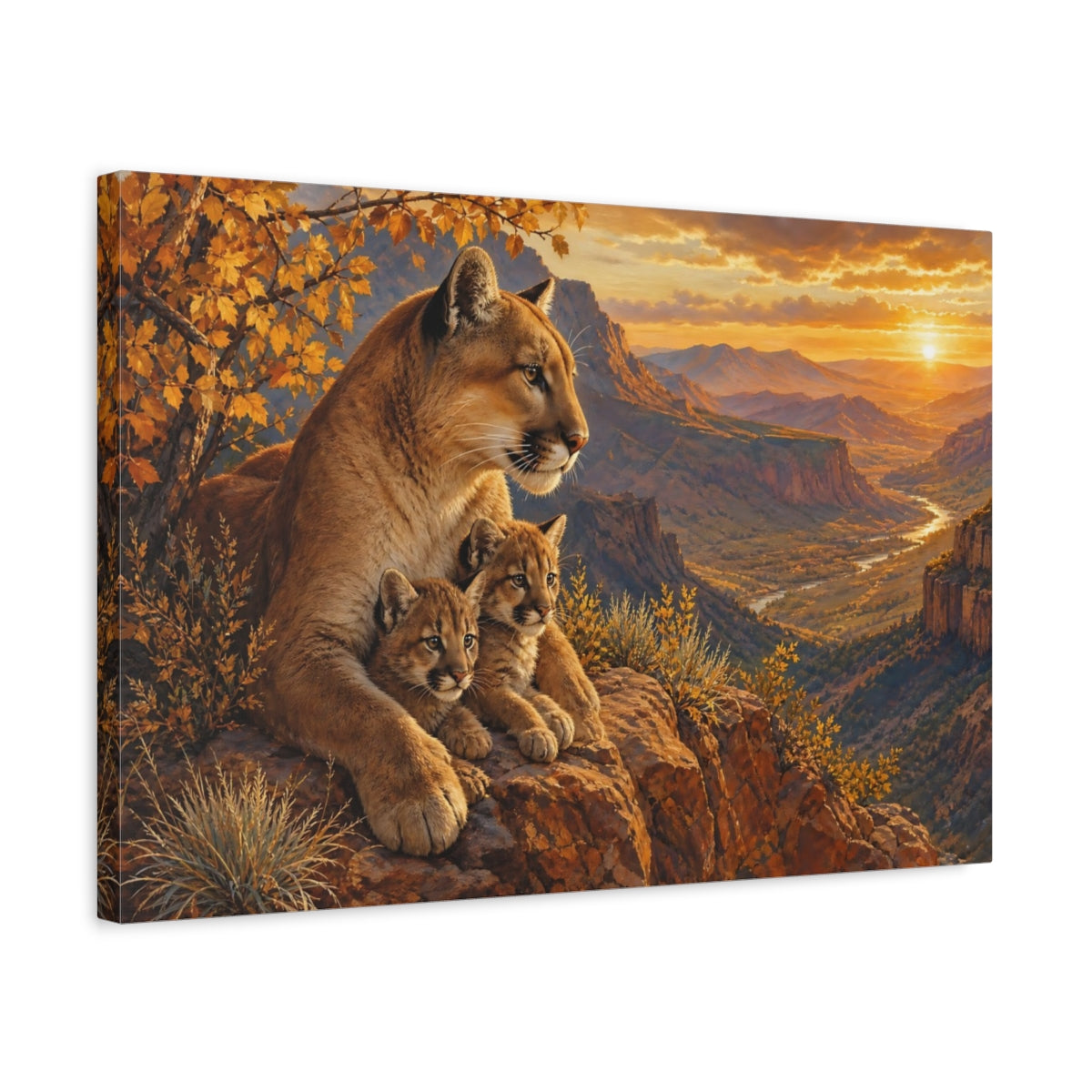 Side Mockup 3. Sunset Mountain Lion Family shown as canvas print