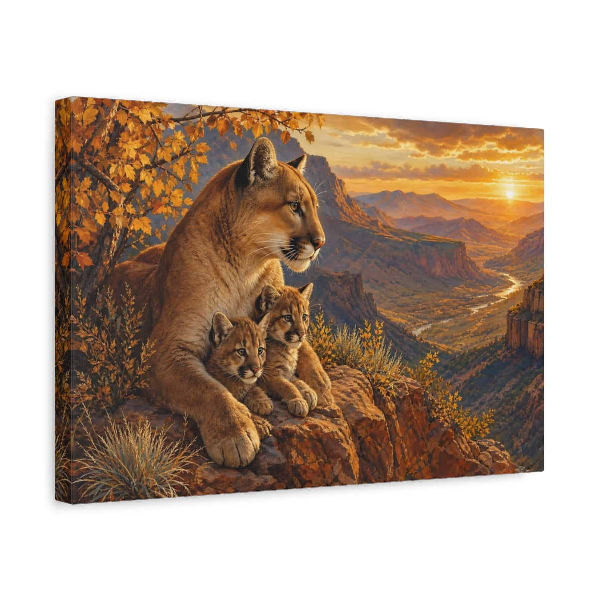 Side Mockup 4. Sunset Mountain Lion Family shown as canvas print