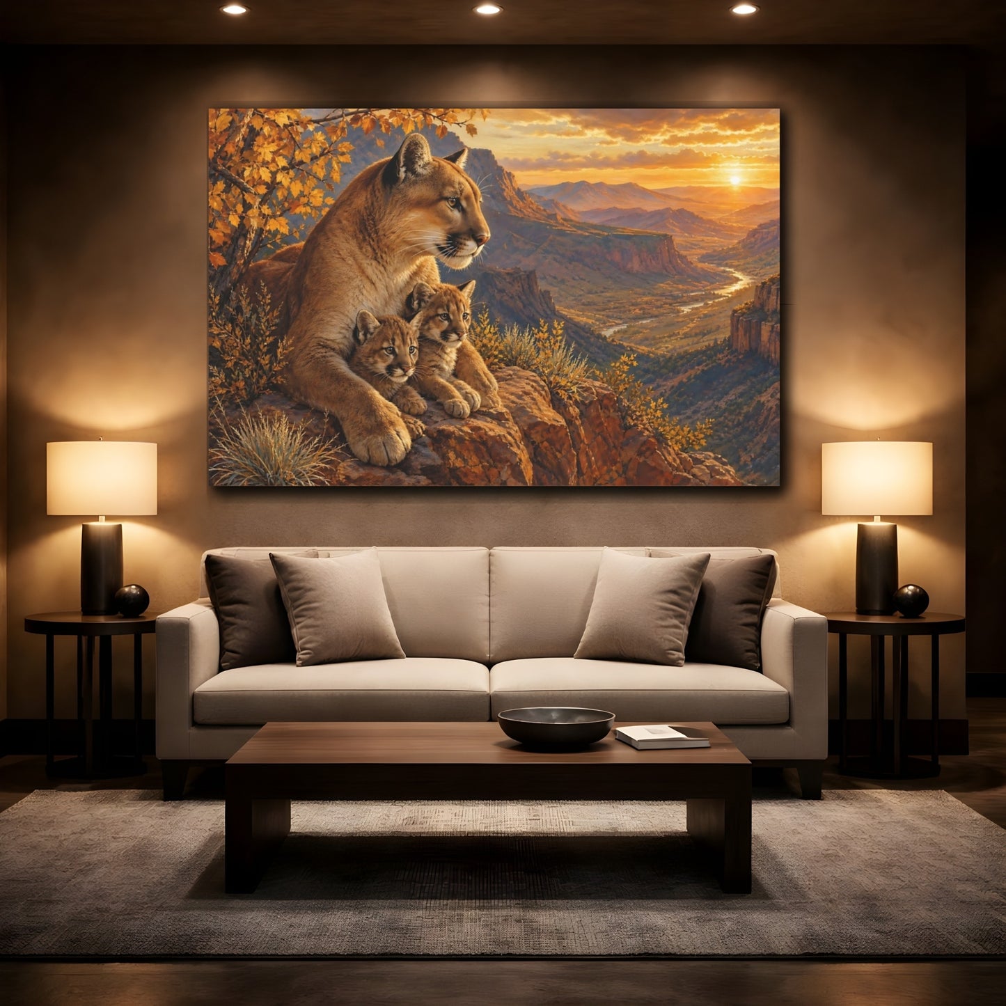Mockup 2. Sunset Mountain Lion Family shown as canvas print