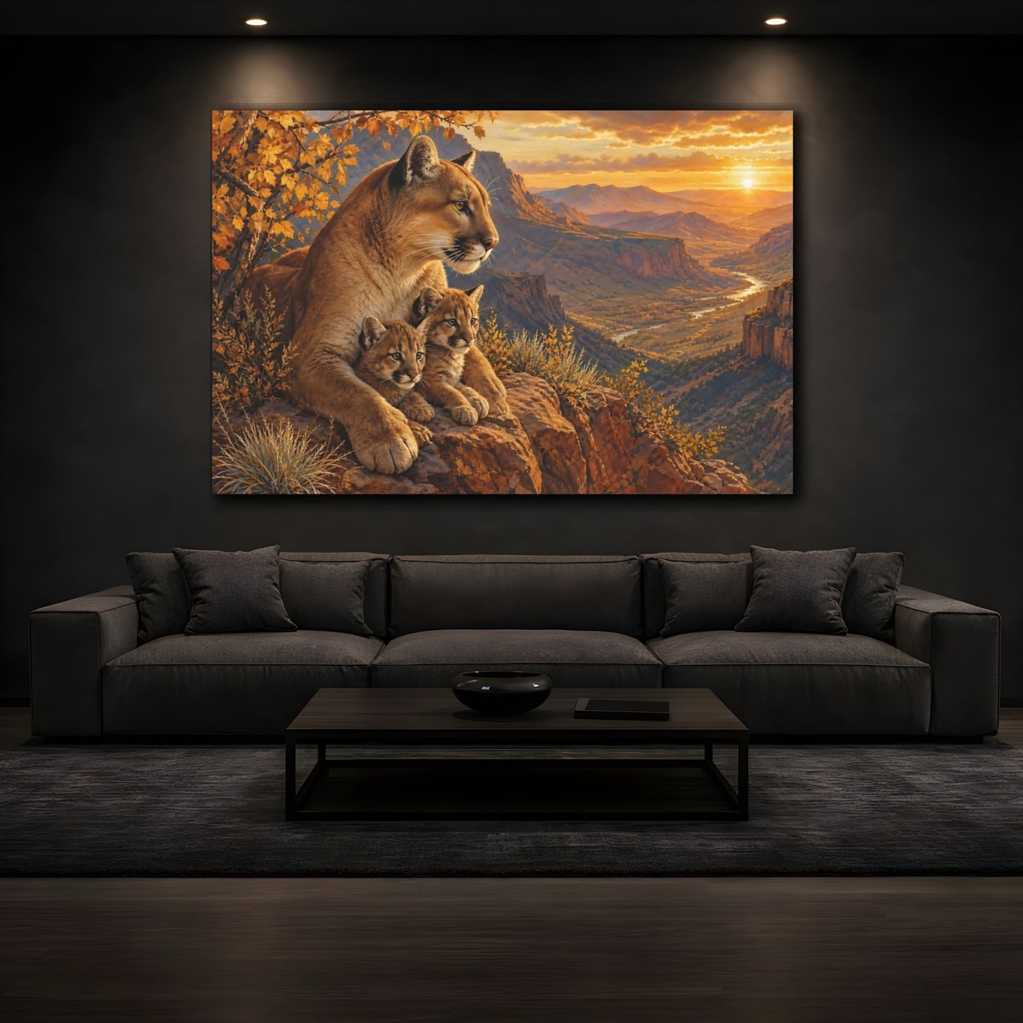 Mockup 3. Sunset Mountain Lion Family shown as canvas print