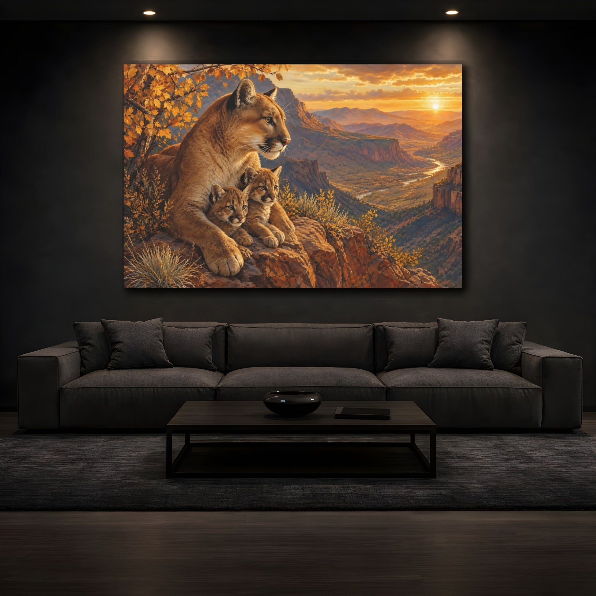 Mockup 3. Sunset Mountain Lion Family shown as canvas print