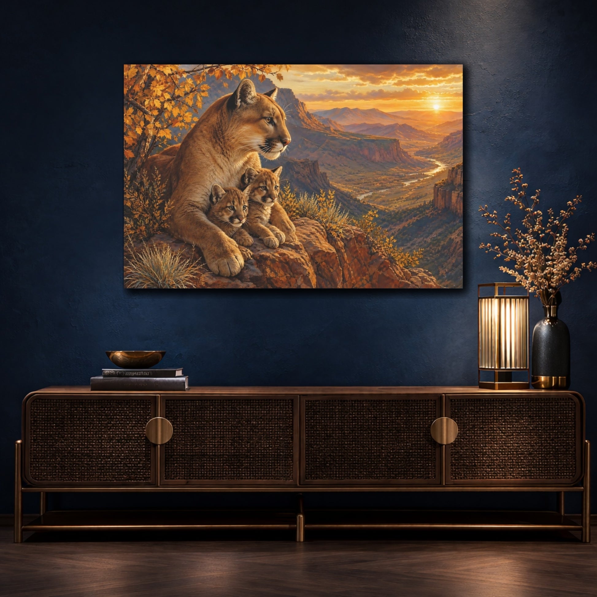 Mockup 4. Sunset Mountain Lion Family shown as canvas print
