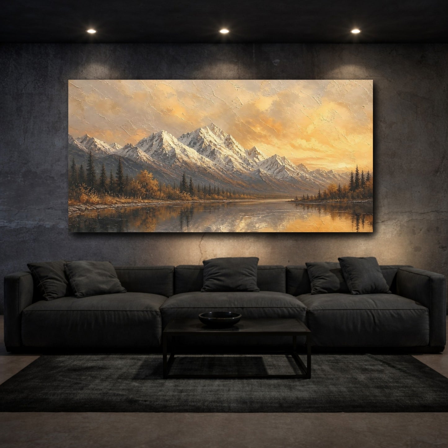 Mockup 3. Sunset Mountain Reflection shown as canvas print