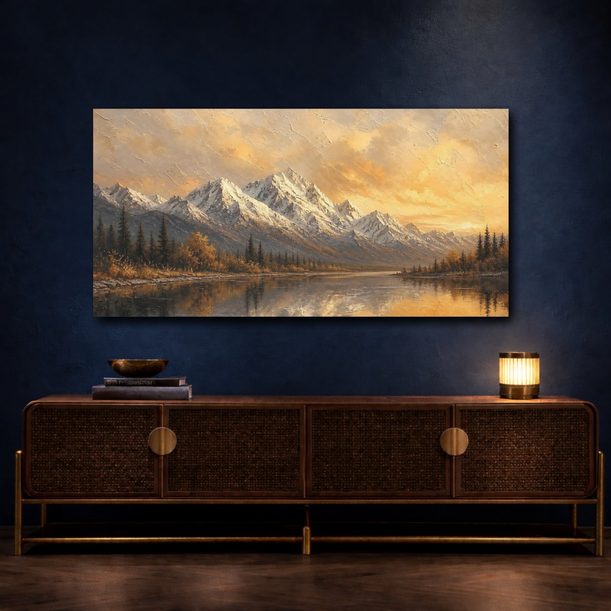 Mockup 4. Sunset Mountain Reflection shown as canvas print