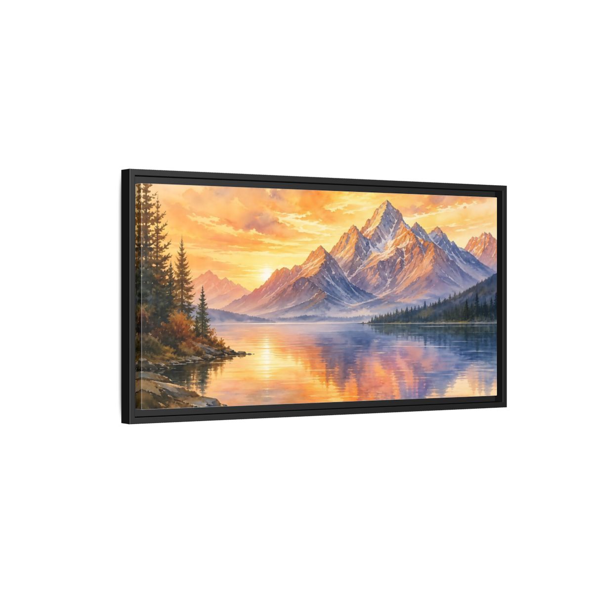 Side Mockup 2. Sunset Mountain Reflections shown as framed canvas print