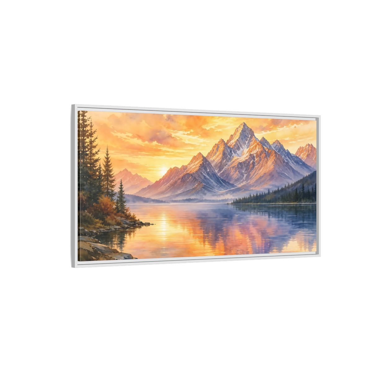 Side Mockup 3. Sunset Mountain Reflections shown as framed canvas print