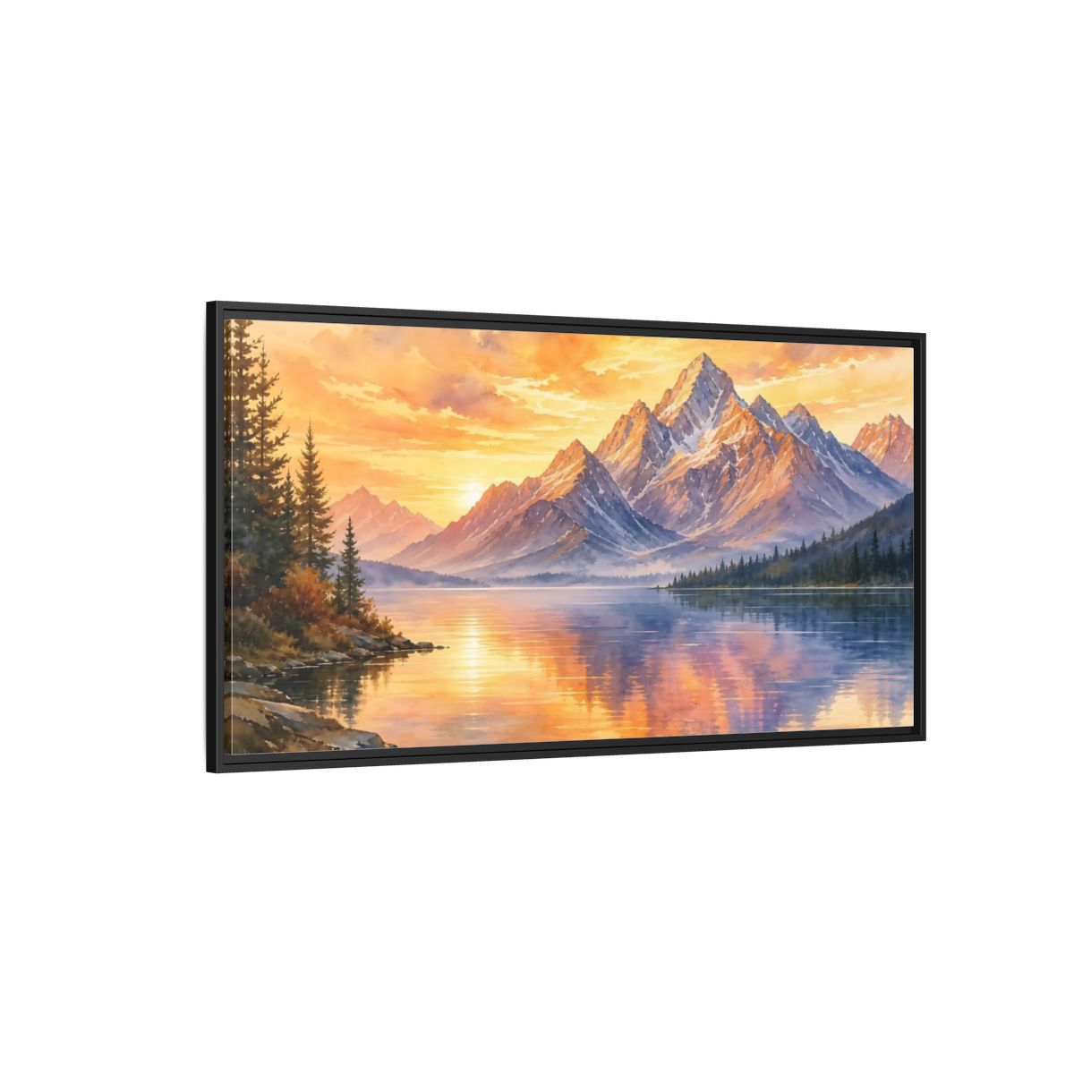 Side Mockup 5. Sunset Mountain Reflections shown as framed canvas print