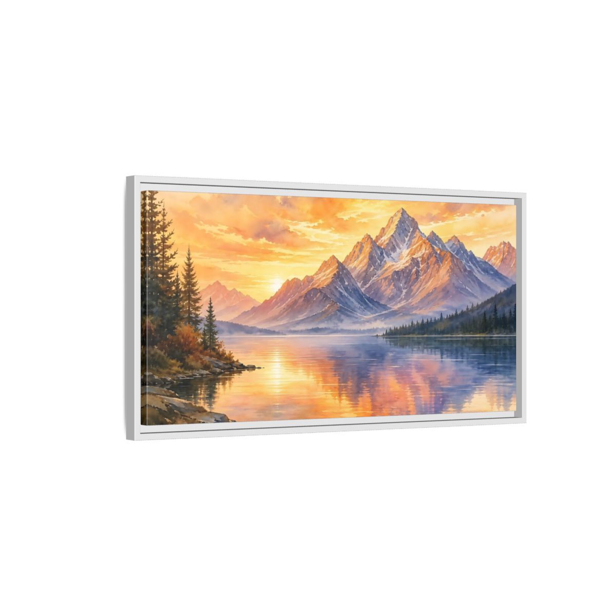Side Mockup 1. Sunset Mountain Reflections shown as framed canvas print