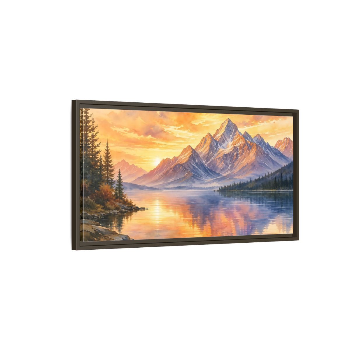 Main Mockup. Sunset Mountain Reflections shown as framed canvas print