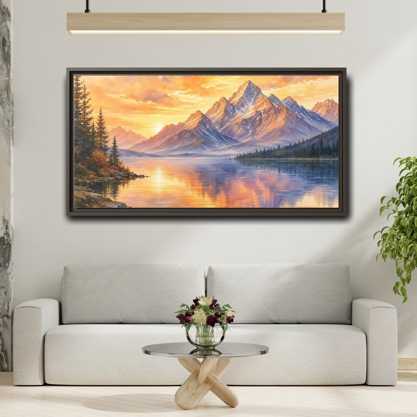 Mockup 2. Sunset Mountain Reflections shown as framed canvas print