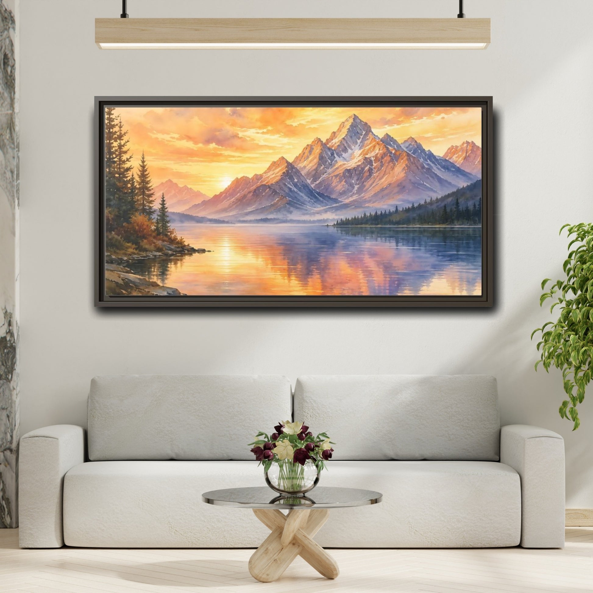 Mockup 2. Sunset Mountain Reflections shown as framed canvas print