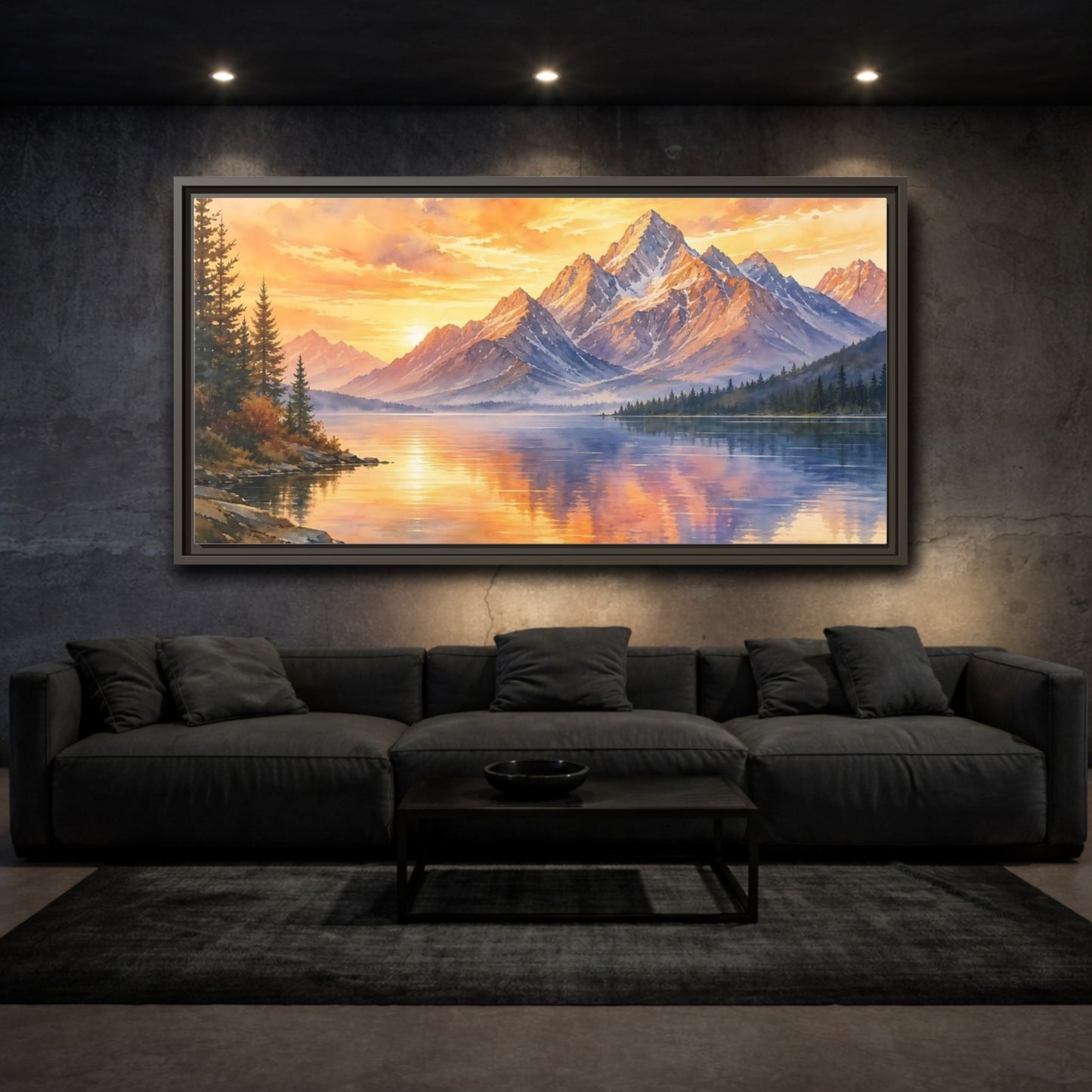 Mockup 3. Sunset Mountain Reflections shown as framed canvas print