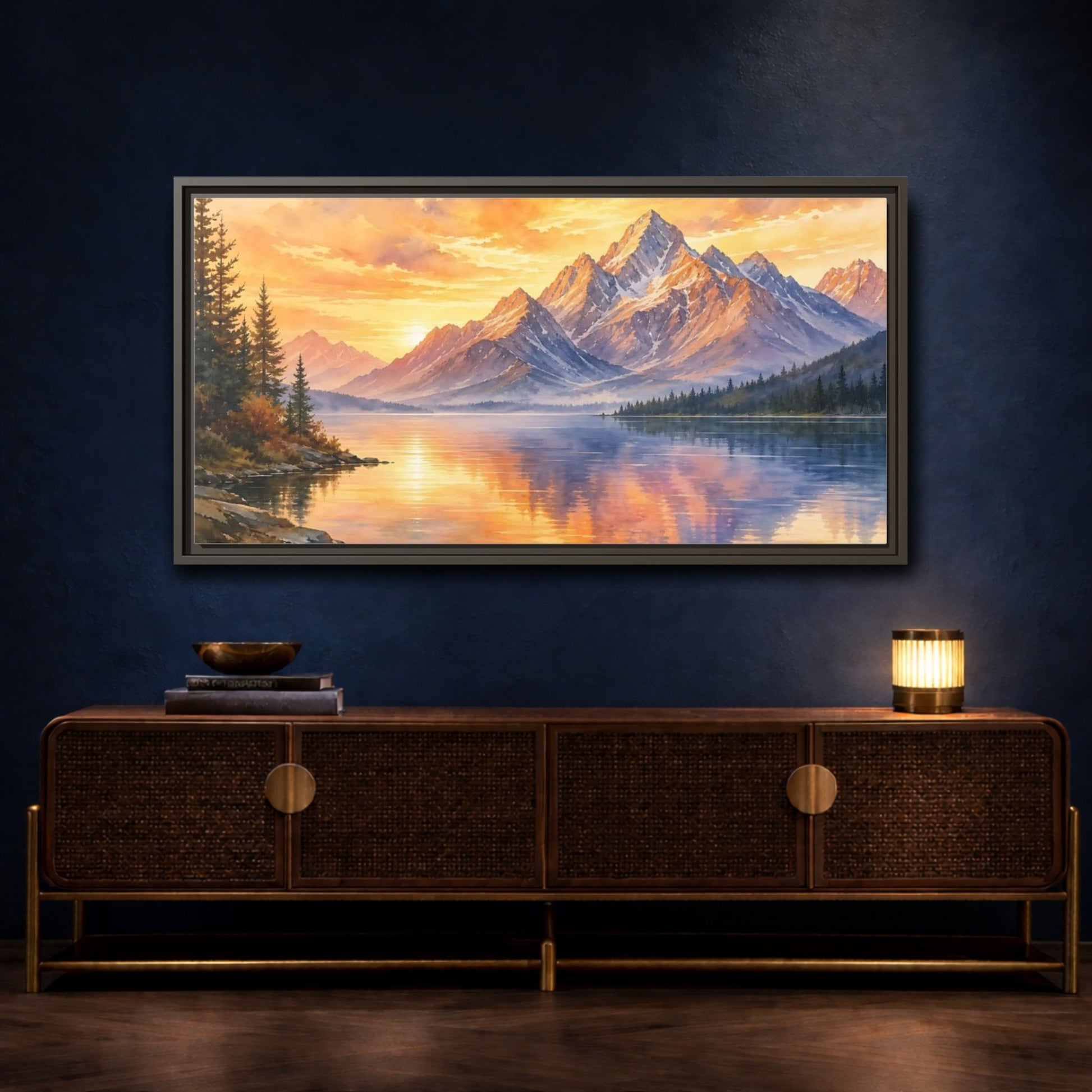 Mockup 4. Sunset Mountain Reflections shown as framed canvas print