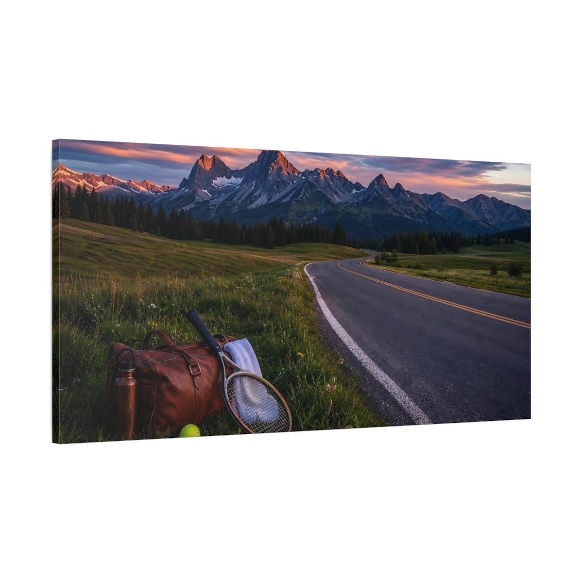 Main Mockup. Sunset Mountain Road Escape shown as canvas print