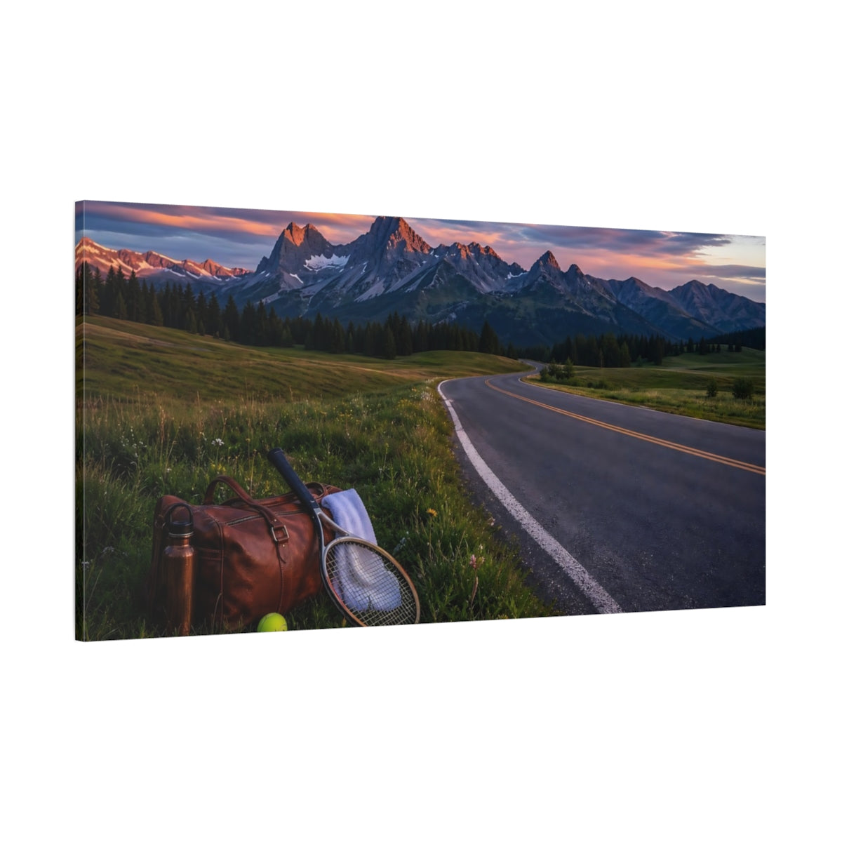 Side Mockup 2. Sunset Mountain Road Escape shown as canvas print