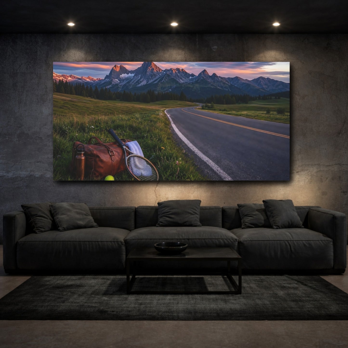 Mockup 3. Sunset Mountain Road Escape shown as canvas print