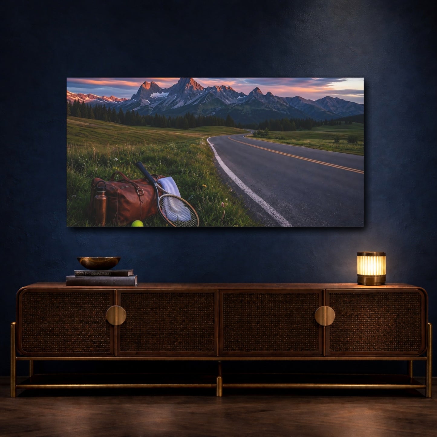 Mockup 4. Sunset Mountain Road Escape shown as canvas print