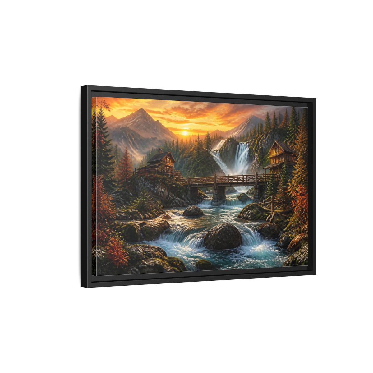 Side Mockup 3. Sunset Mountain Waterfall Cabin shown as framed canvas print