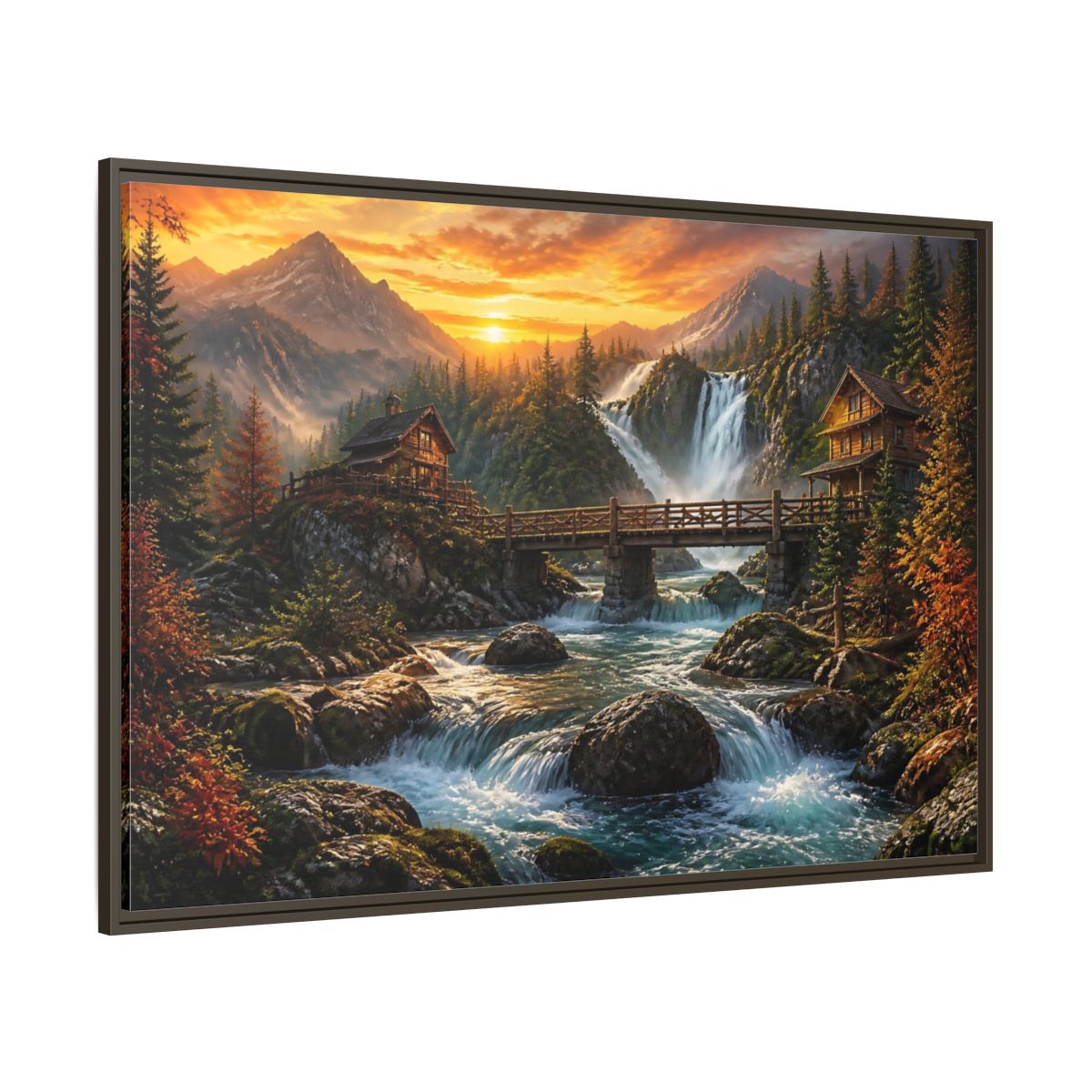 Side Mockup 8. Sunset Mountain Waterfall Cabin shown as framed canvas print