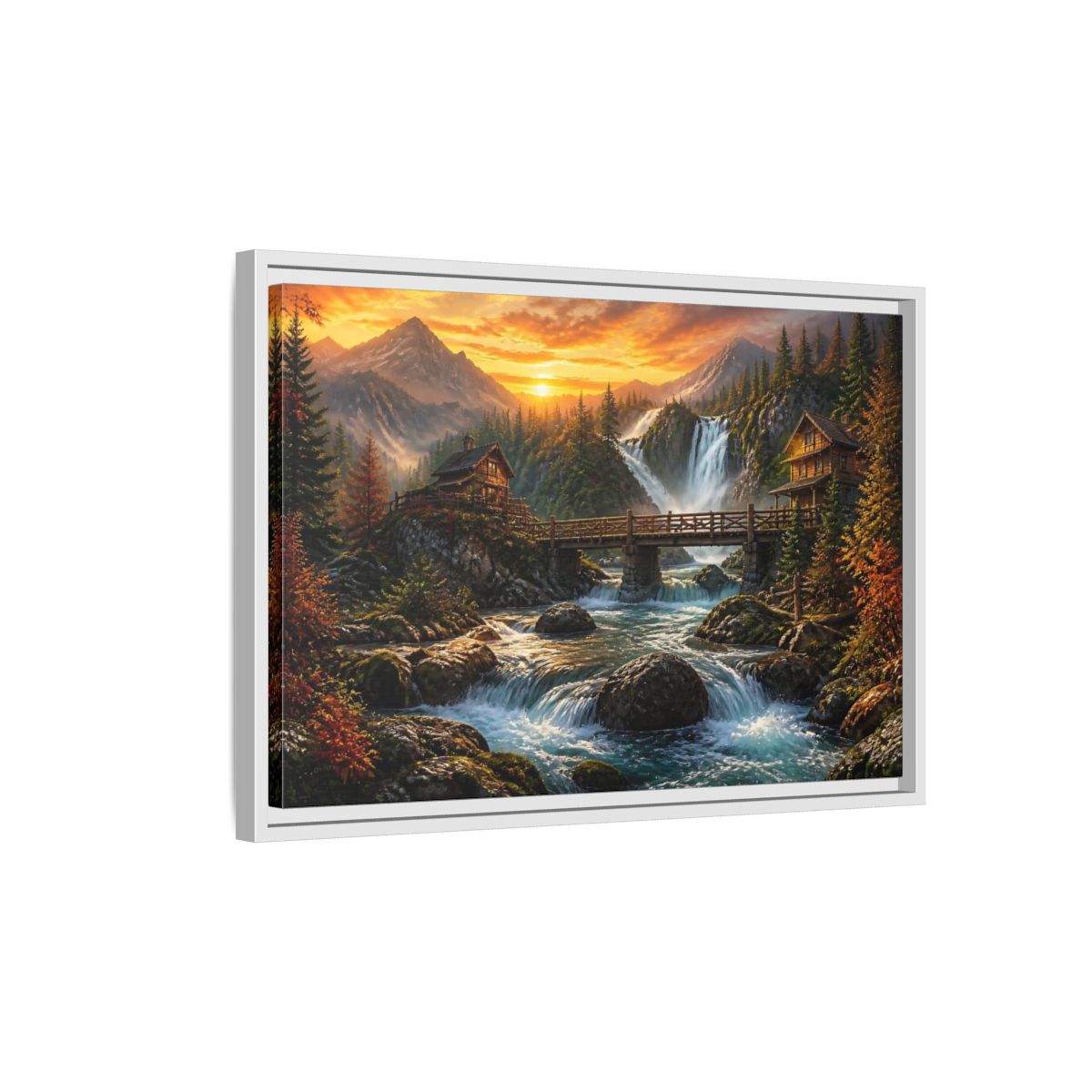 Side Mockup 1. Sunset Mountain Waterfall Cabin shown as framed canvas print