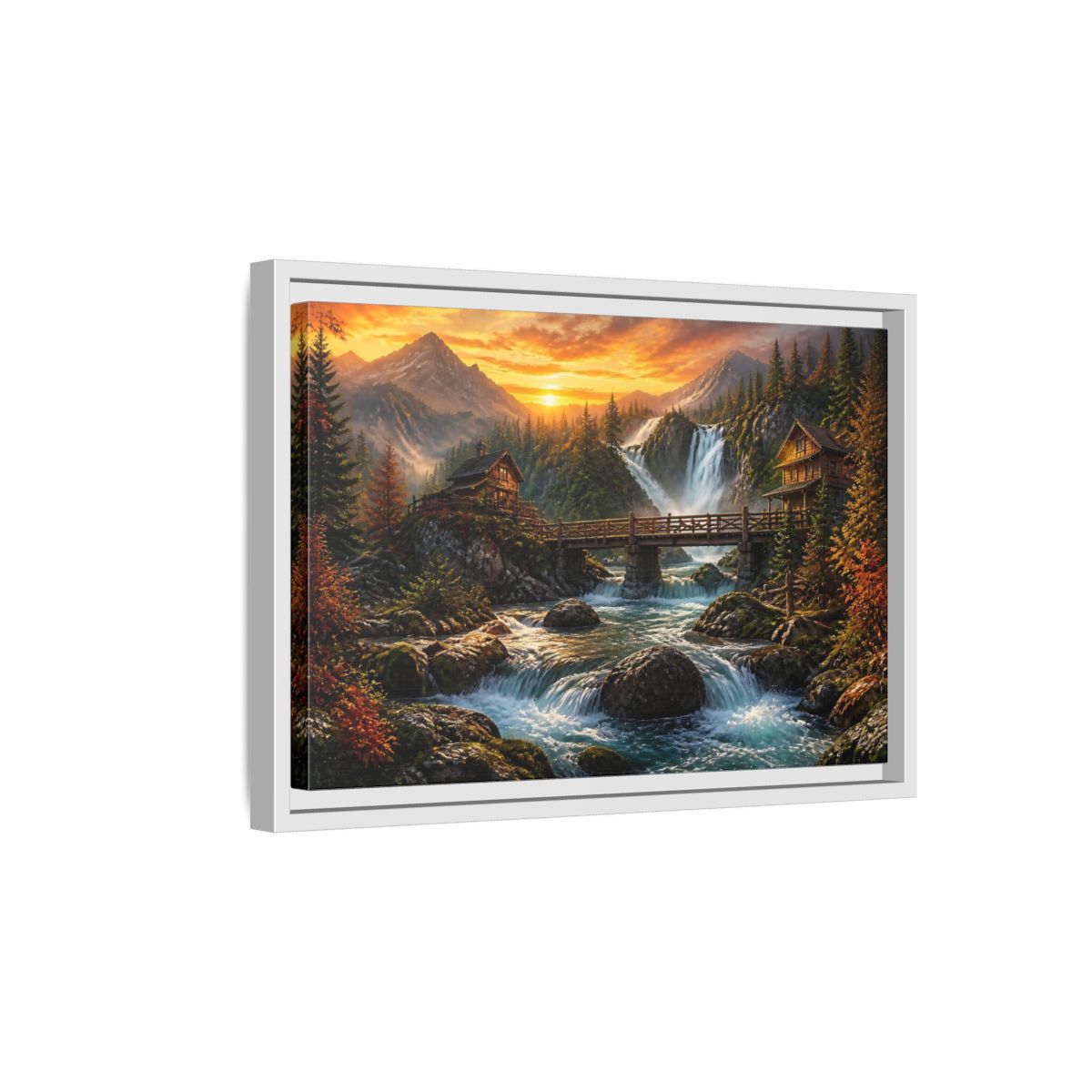 Side Mockup 4. Sunset Mountain Waterfall Cabin shown as framed canvas print