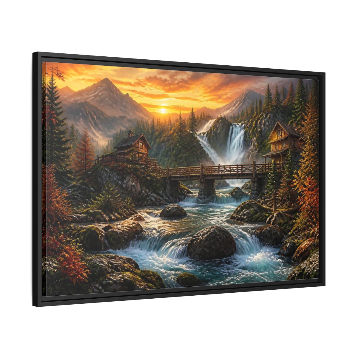 Side Mockup 13. Sunset Mountain Waterfall Cabin shown as framed canvas print