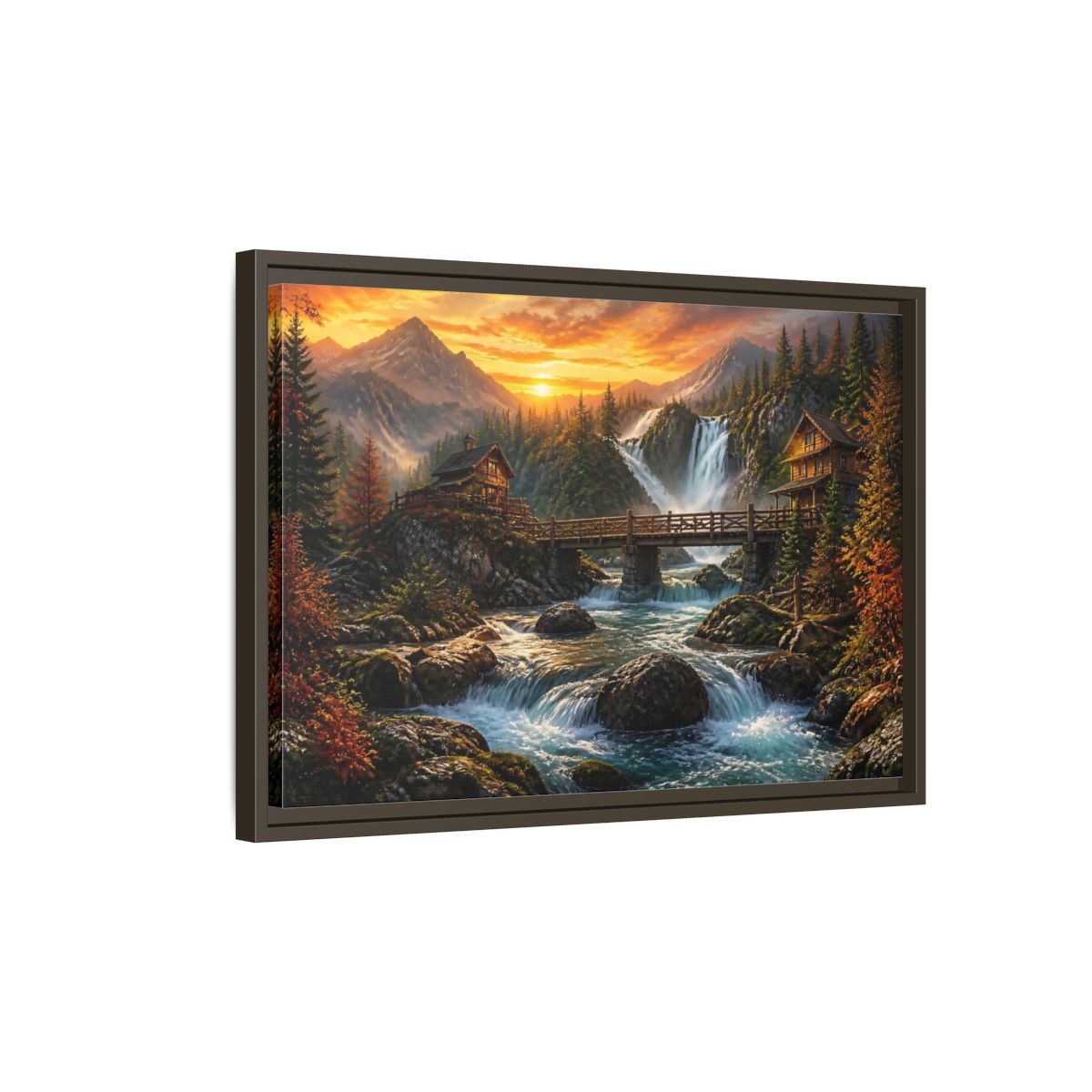 Side Mockup 2. Sunset Mountain Waterfall Cabin shown as framed canvas print