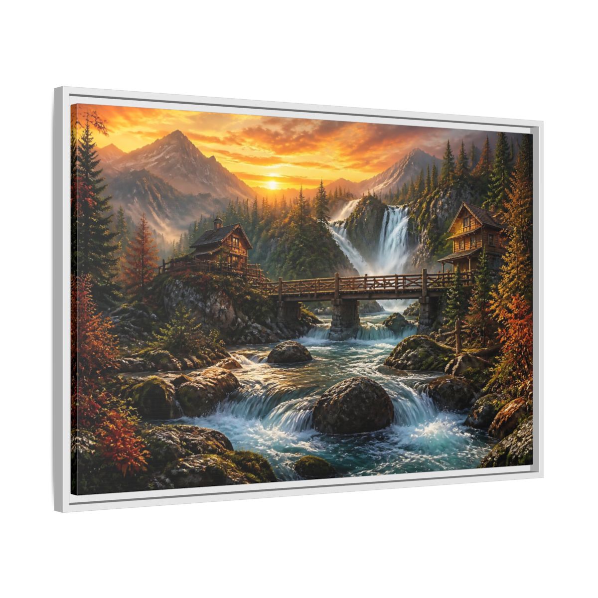 Side Mockup 9. Sunset Mountain Waterfall Cabin shown as framed canvas print
