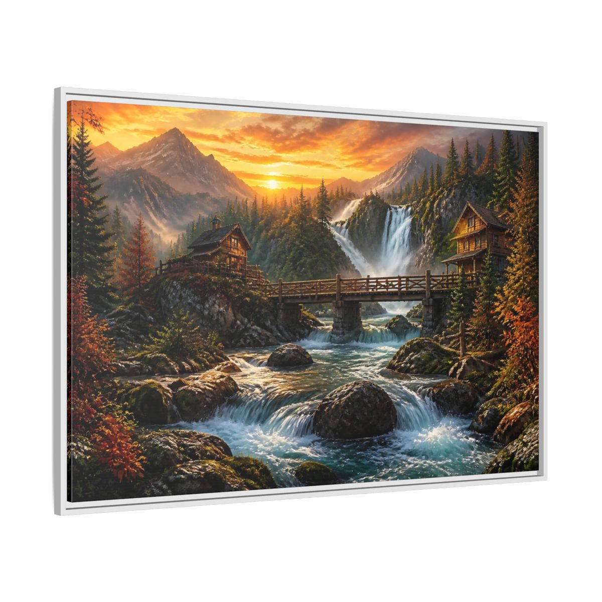 Side Mockup 7. Sunset Mountain Waterfall Cabin shown as framed canvas print