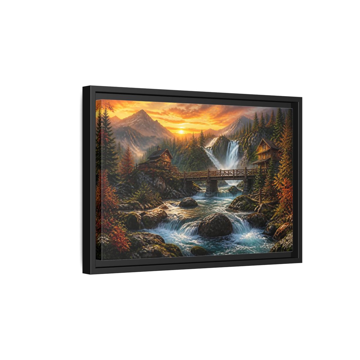 Side Mockup 6. Sunset Mountain Waterfall Cabin shown as framed canvas print