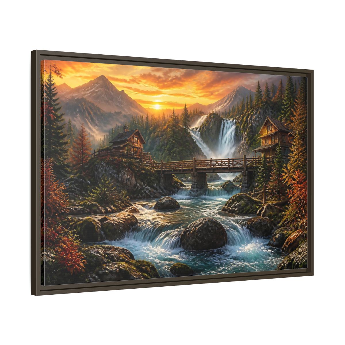 Main Mockup. Sunset Mountain Waterfall Cabin shown as framed canvas print