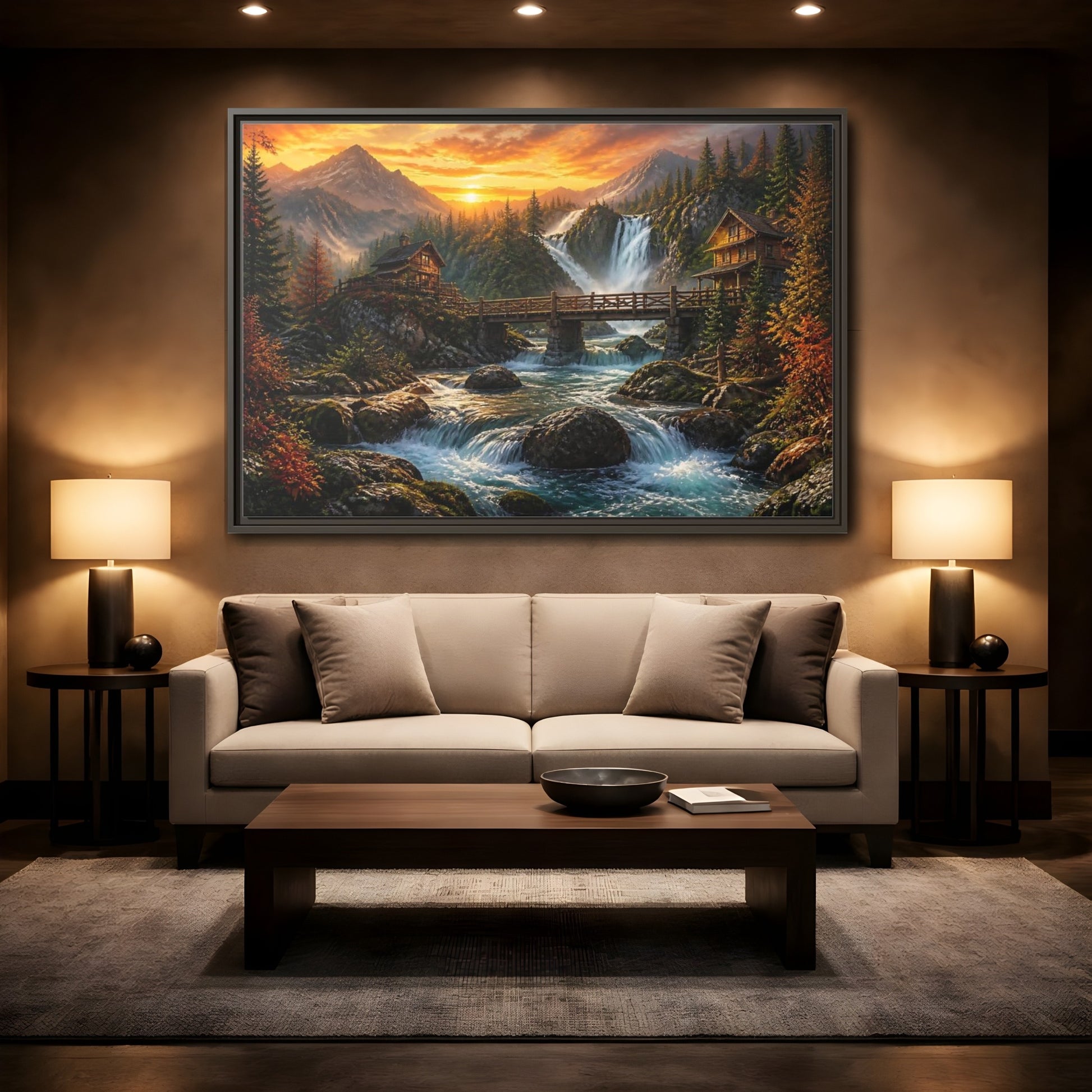 Mockup 2. Sunset Mountain Waterfall Cabin shown as framed canvas print