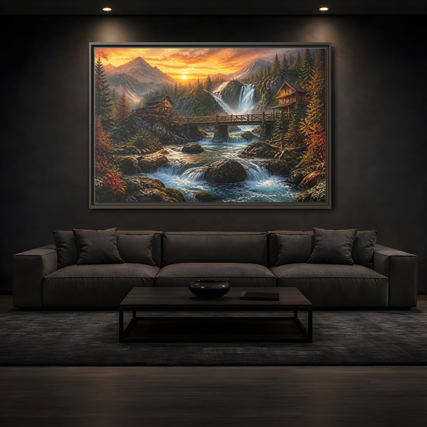 Mockup 3. Sunset Mountain Waterfall Cabin shown as framed canvas print