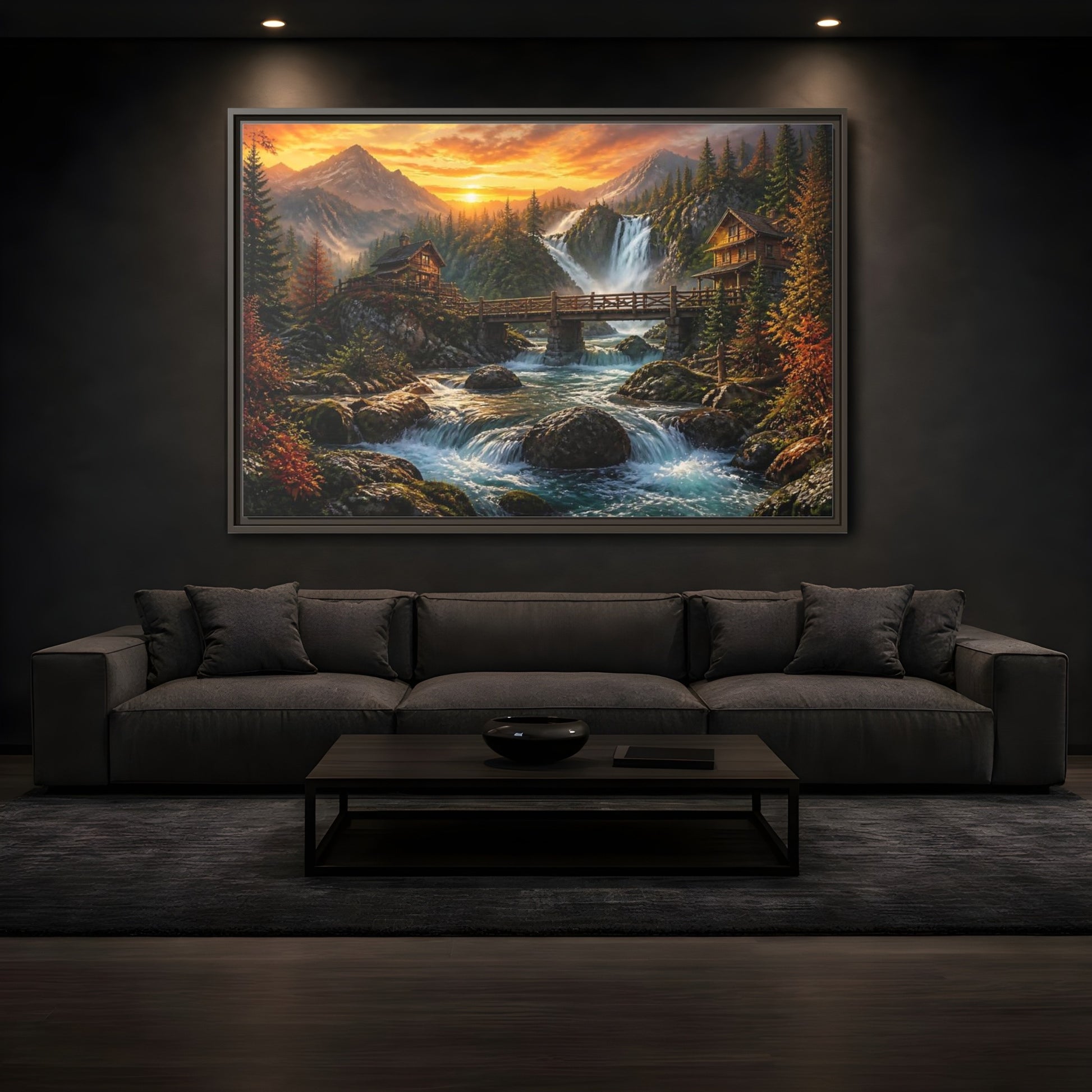 Mockup 3. Sunset Mountain Waterfall Cabin shown as framed canvas print