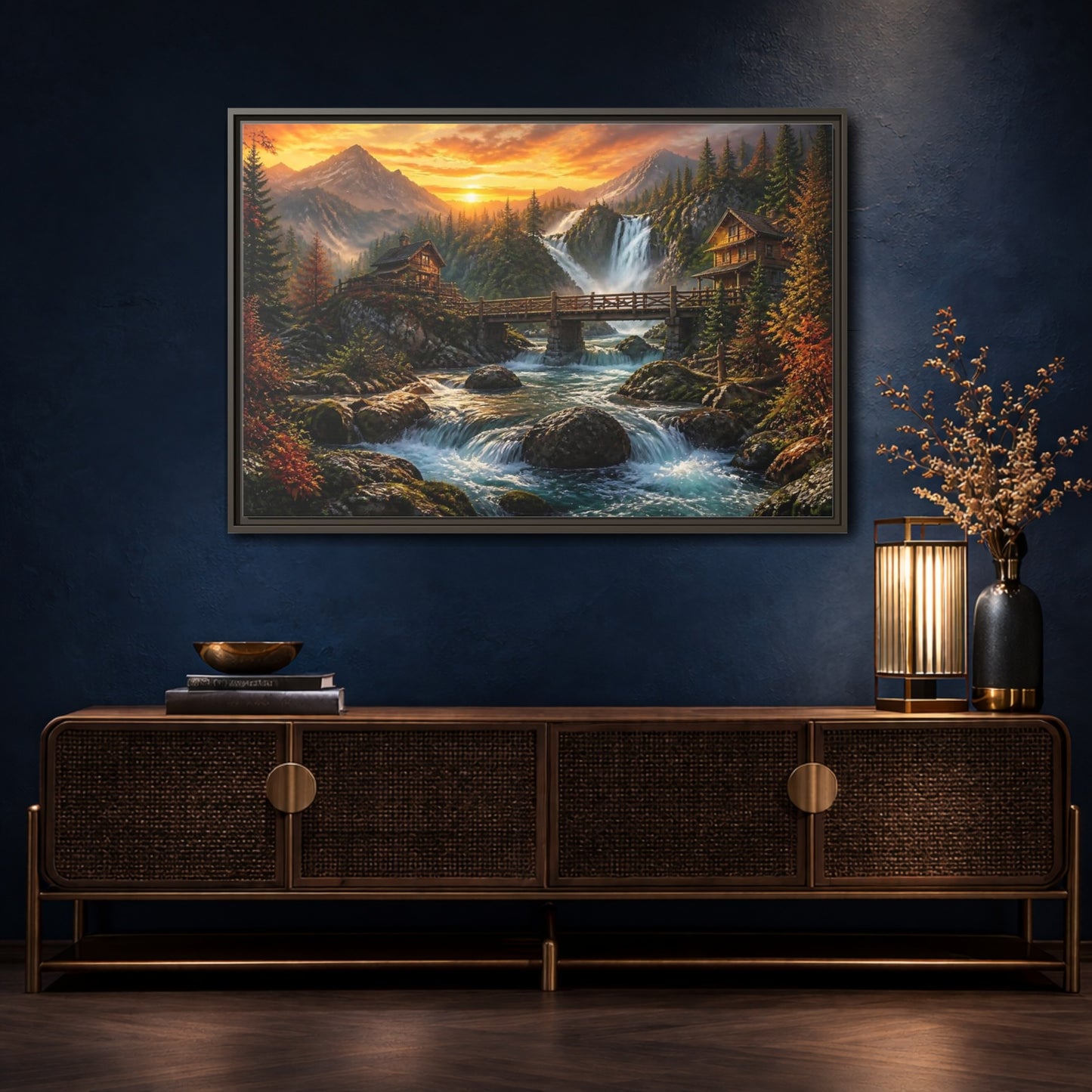 Mockup 4. Sunset Mountain Waterfall Cabin shown as framed canvas print