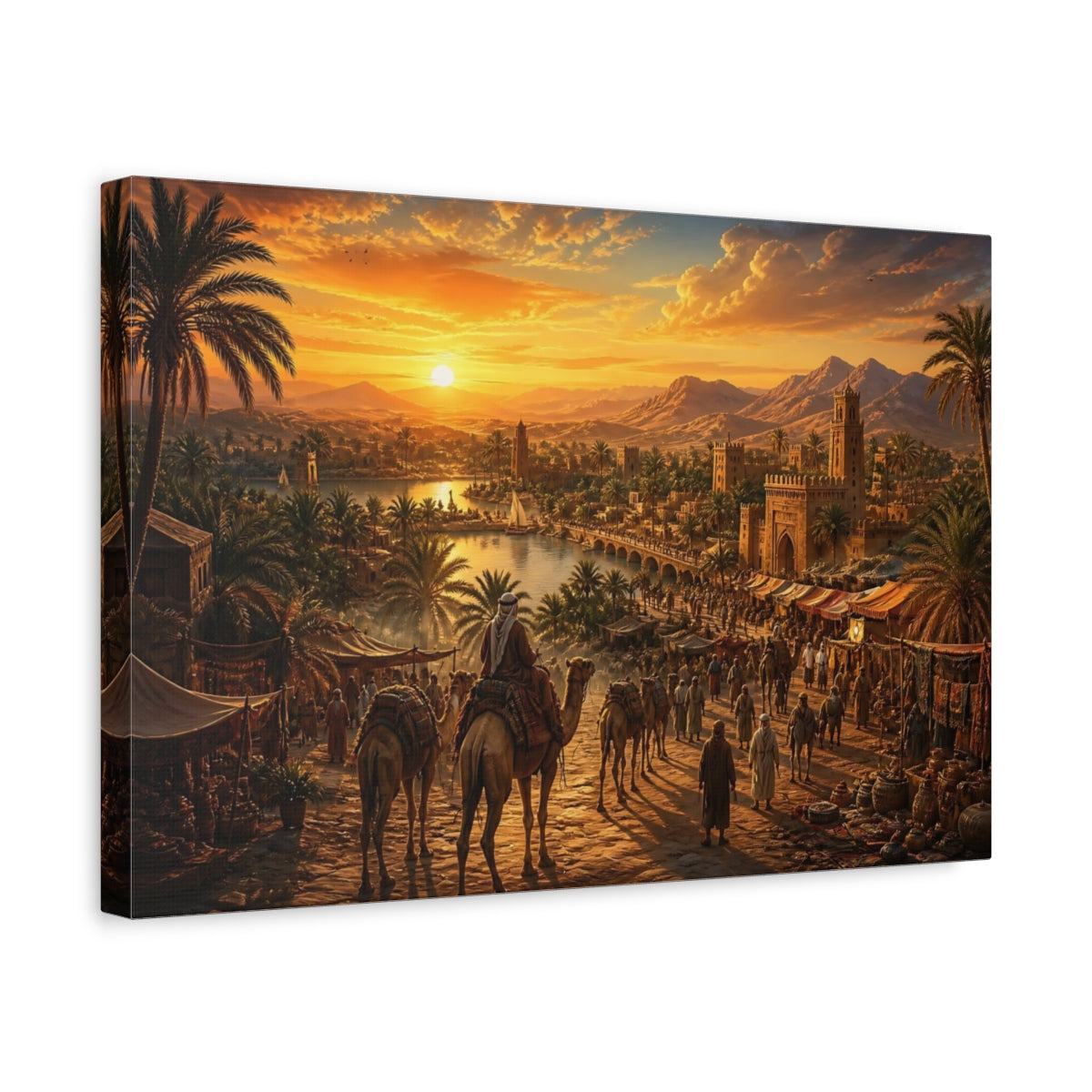 Side Mockup 4. Sunset Oasis Market shown as canvas print