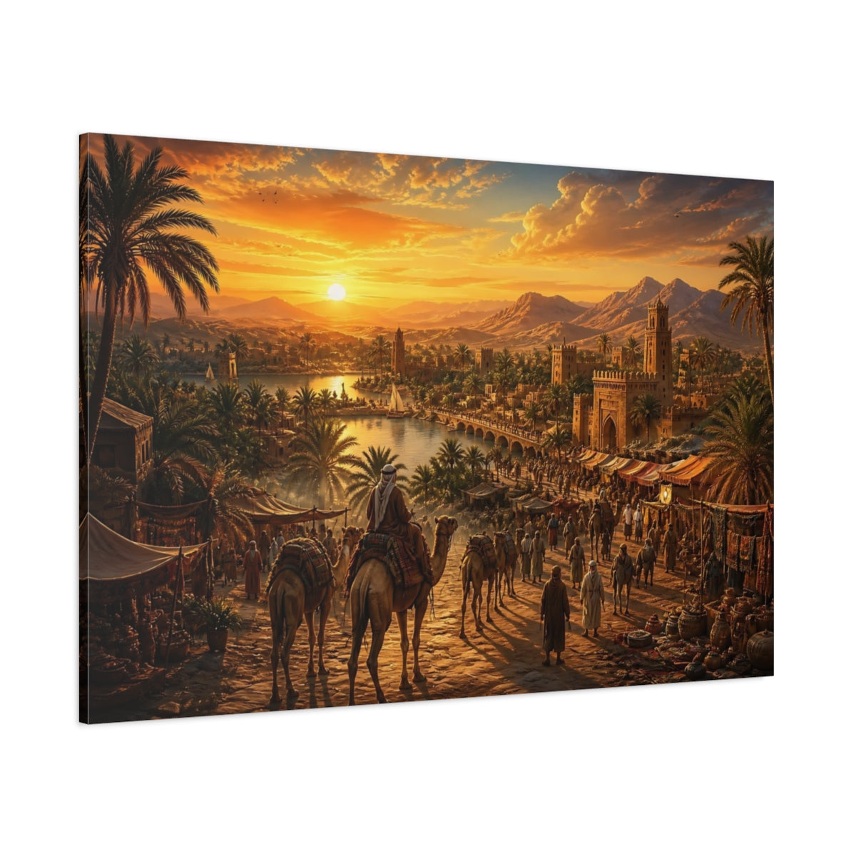 Side Mockup 1. Sunset Oasis Market shown as canvas print