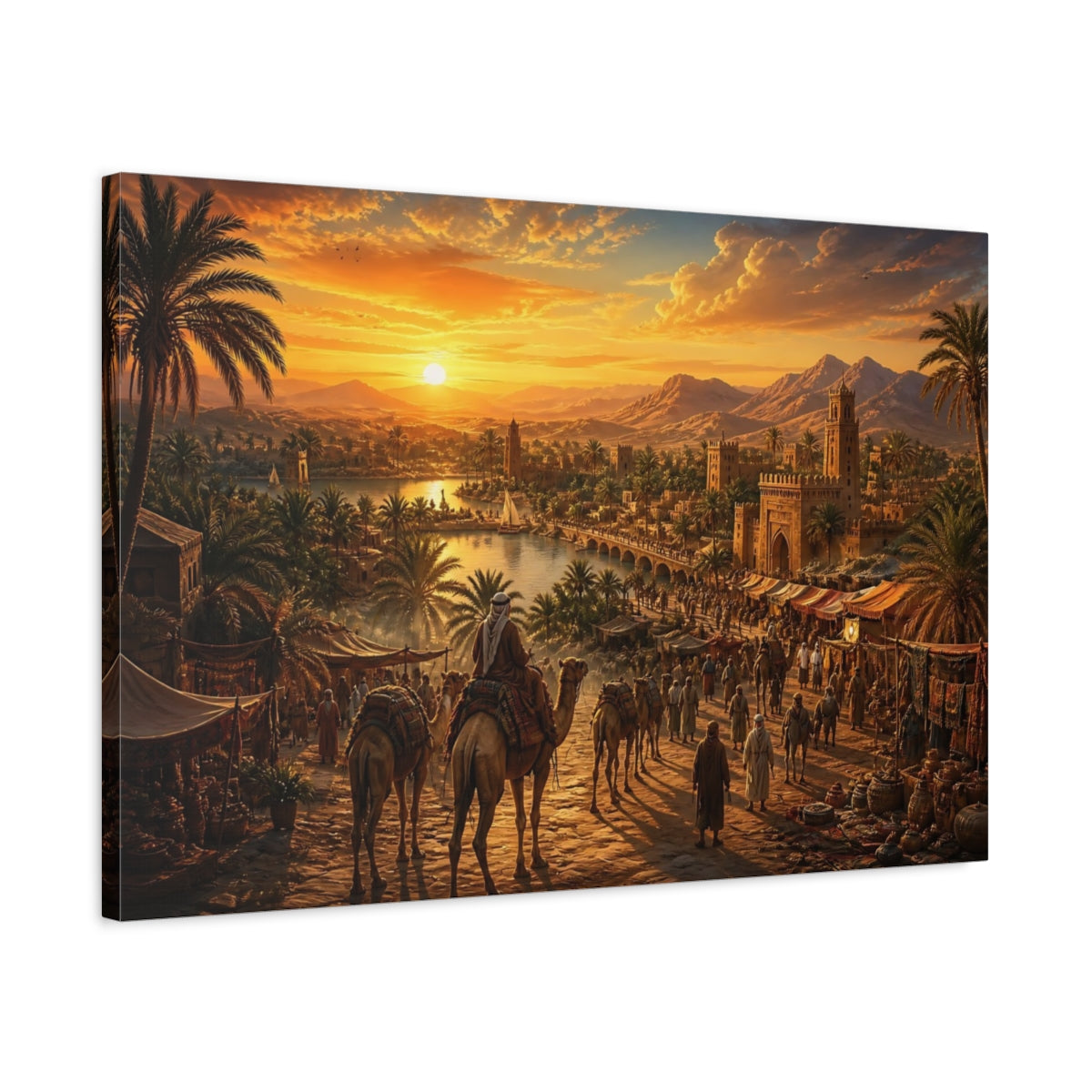 Side Mockup 2. Sunset Oasis Market shown as canvas print