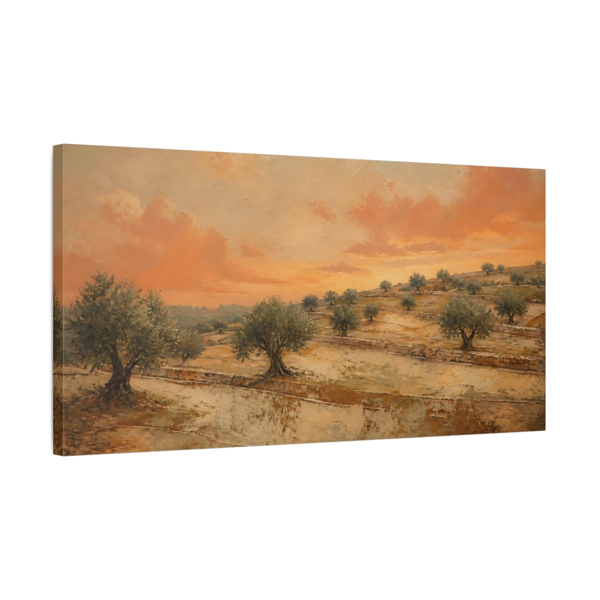 Side Mockup 1. Sunset Olive Grove shown as canvas print