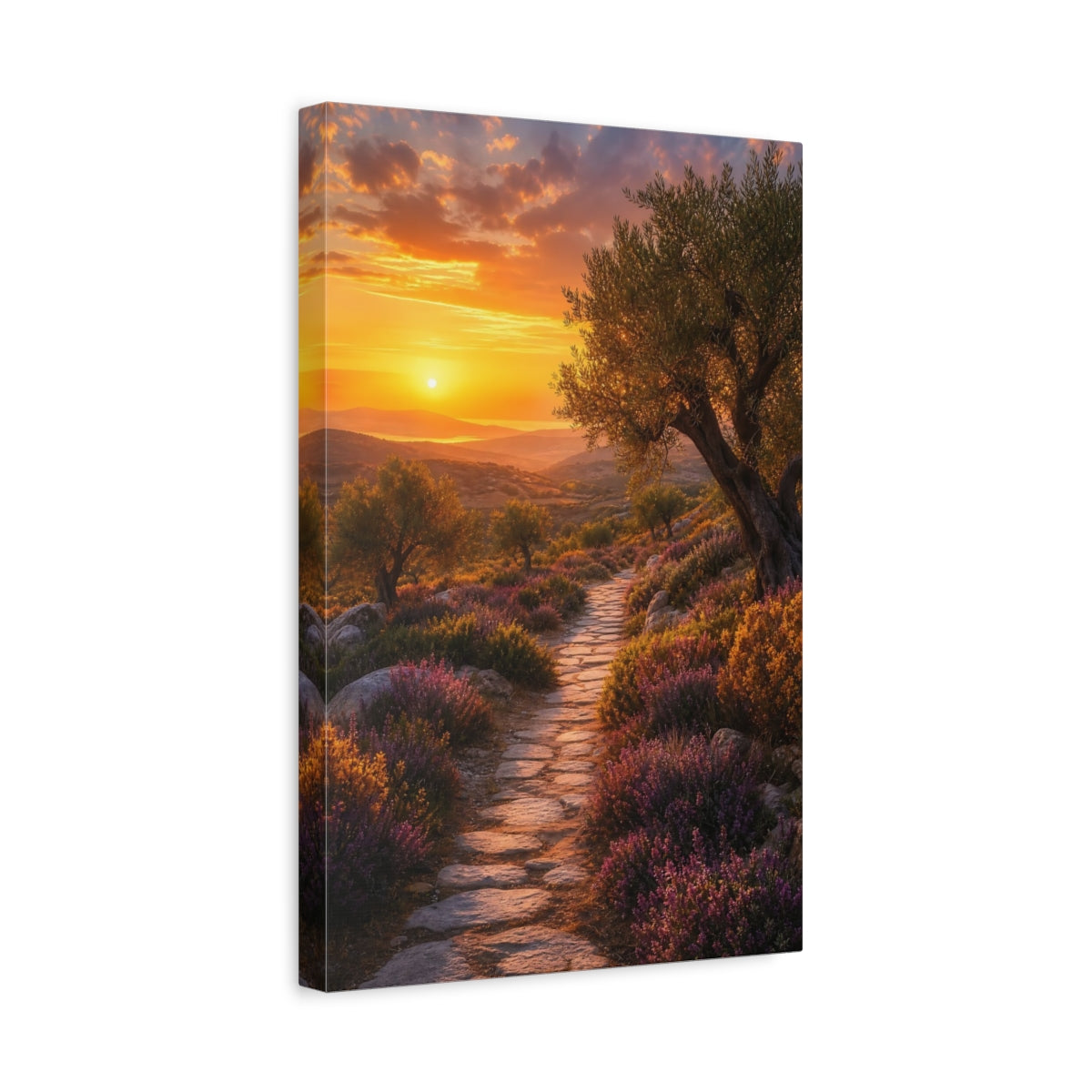 Side Mockup 4. Sunset Olive Grove Path shown as canvas print