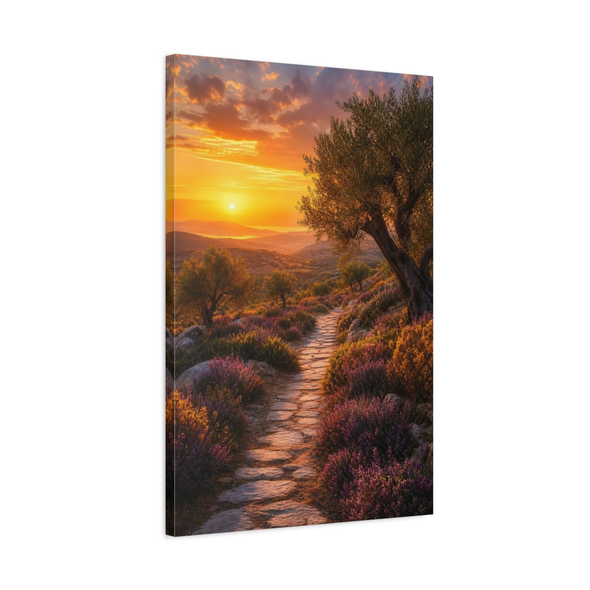 Side Mockup 2. Sunset Olive Grove Path shown as canvas print