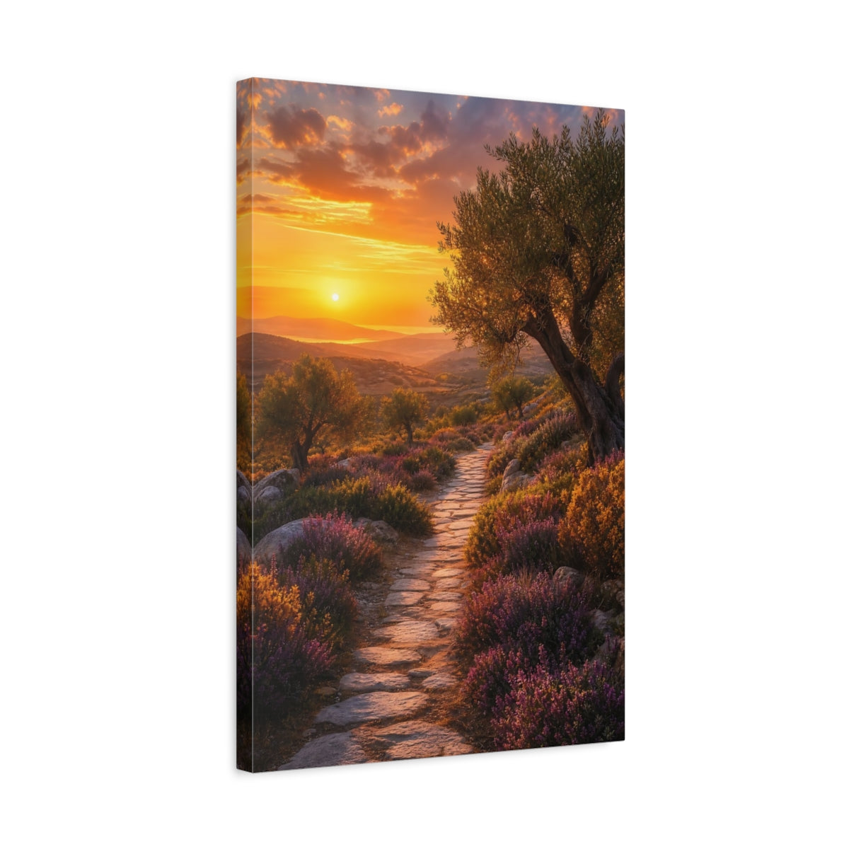 Side Mockup 3. Sunset Olive Grove Path shown as canvas print