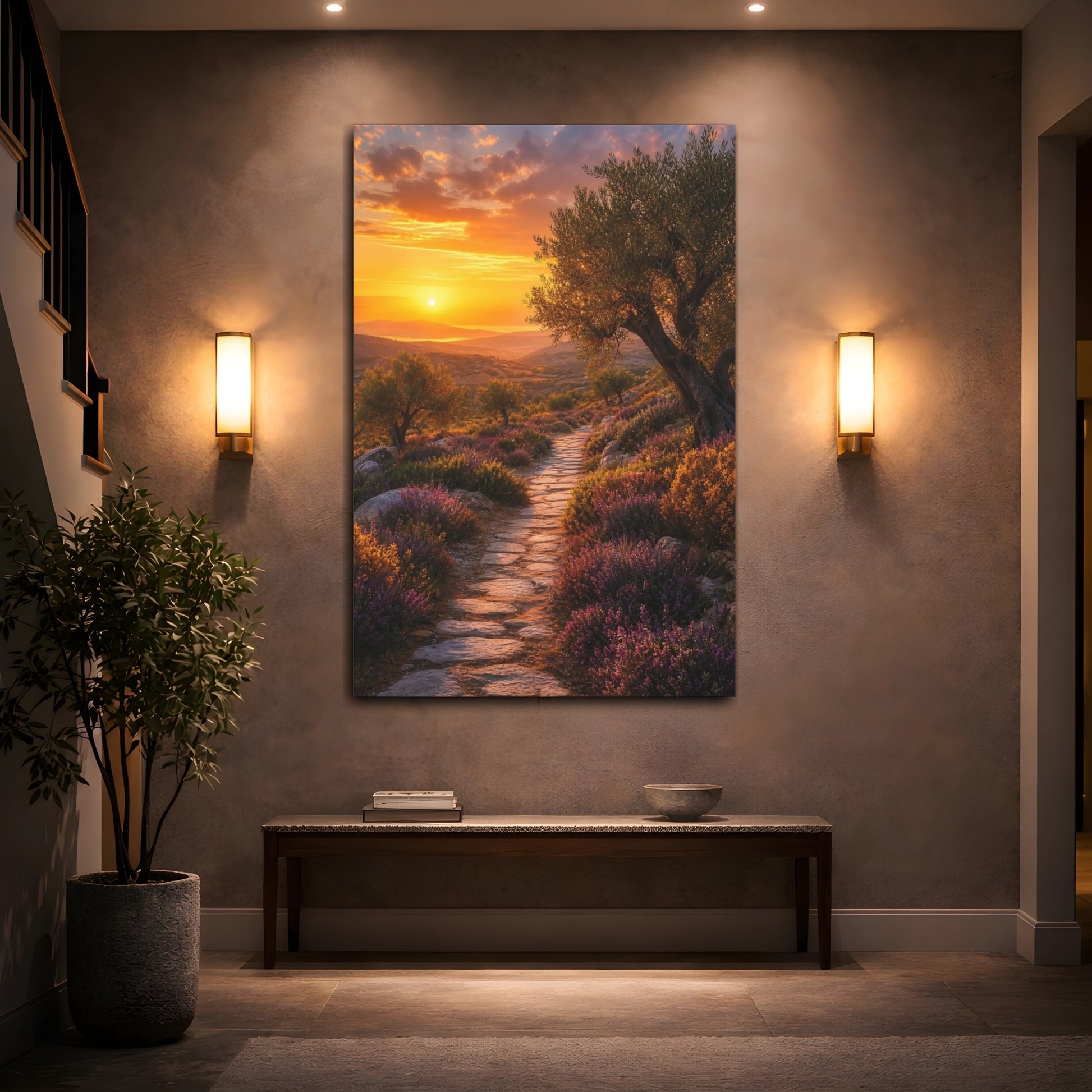 Mockup 2. Sunset Olive Grove Path shown as canvas print