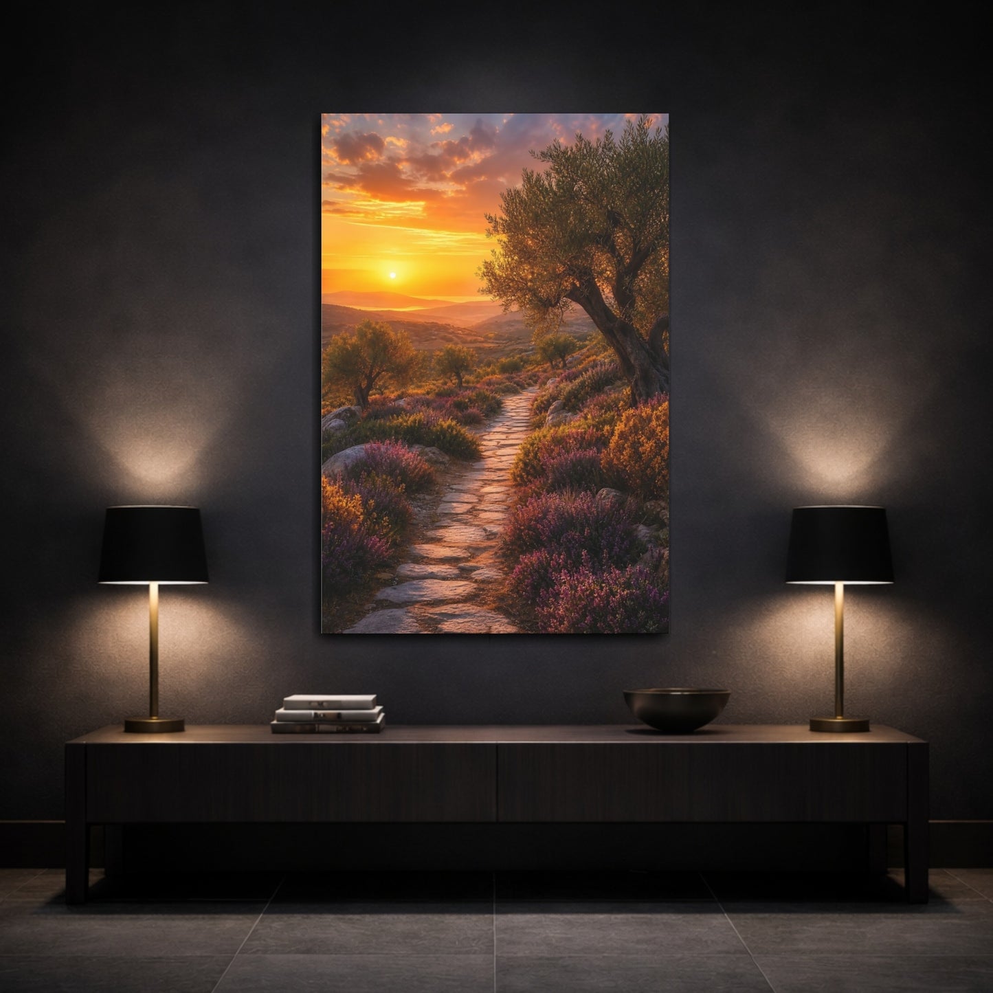 Mockup 3. Sunset Olive Grove Path shown as canvas print