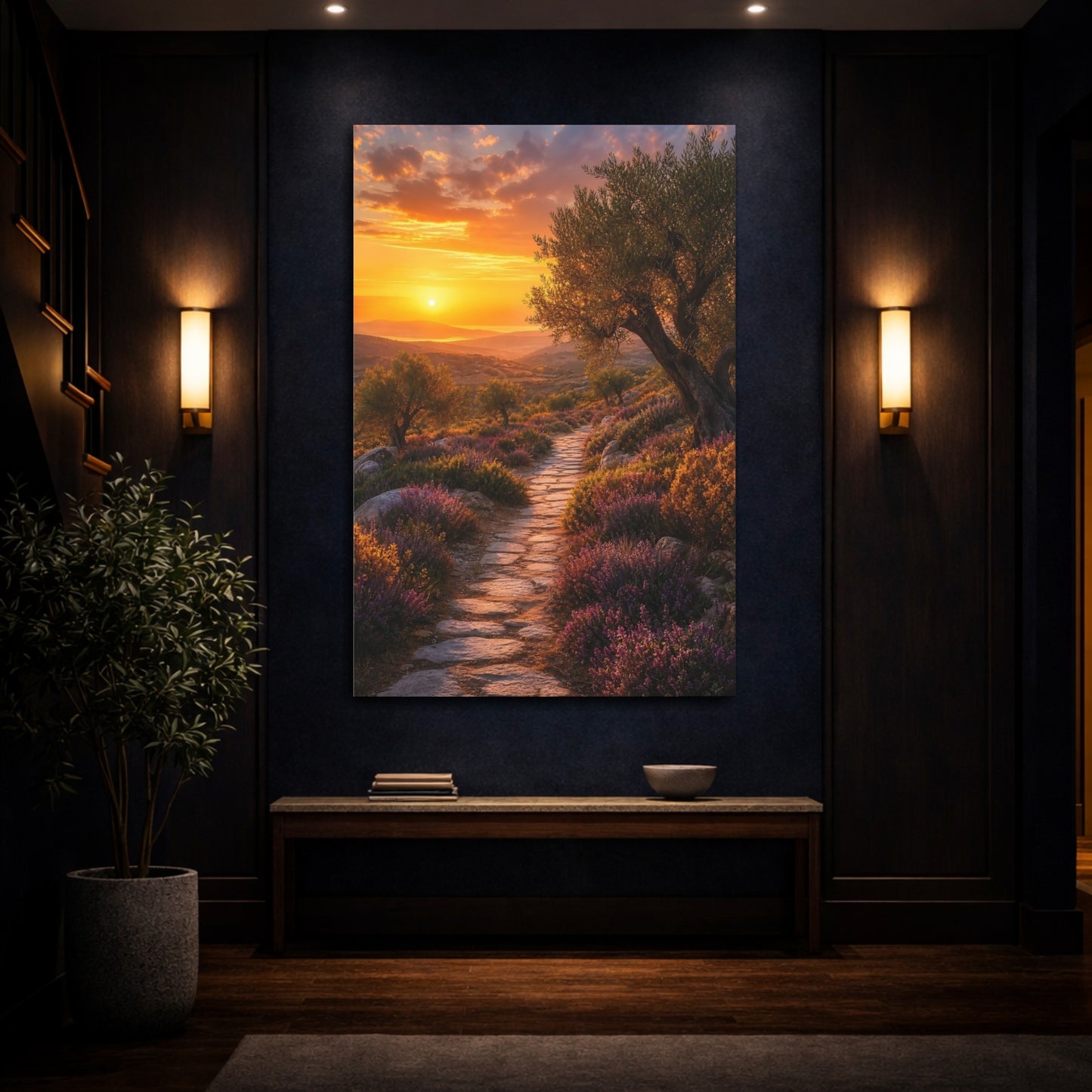 Mockup 4. Sunset Olive Grove Path shown as canvas print